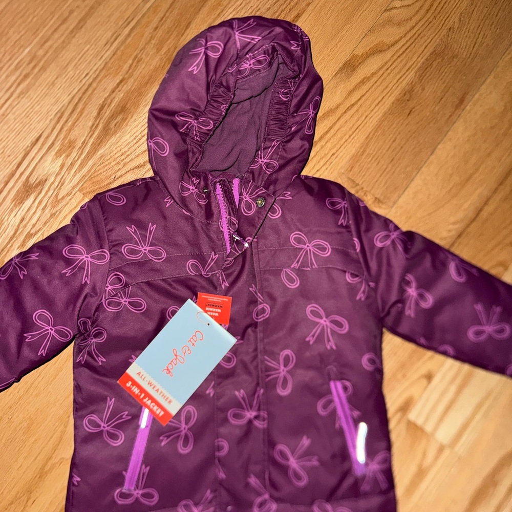 Girls' Purple Bow-Print Hooded Winter Jacket